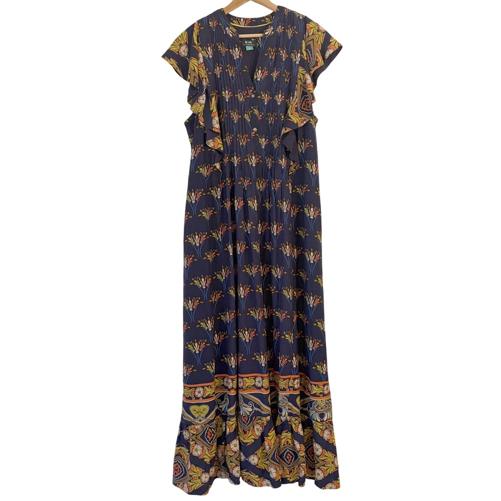 Anthropologie Maeve Cassandra Maxi Dress 1X Boho Pintuck Flutter Sleeve Floral - Picture 2 of 15